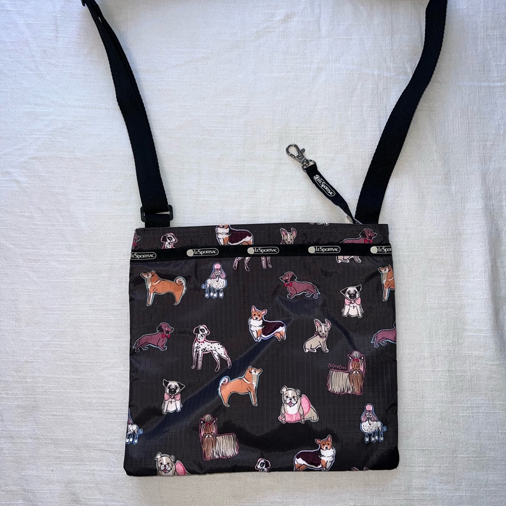 LeSportsac Dog Print Crossbody Black Nylon Adjustable Strap Lightweight Pouch